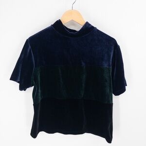 Y2K Velvet Colorblock Goth Top L Navy Green Black‎ Short Sleeve 90s Retro Dark